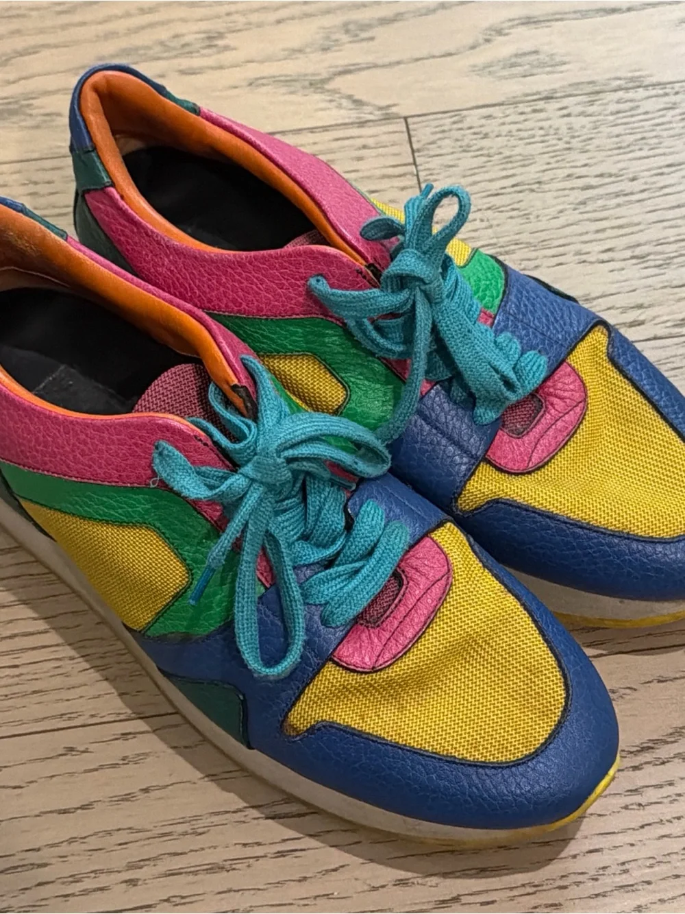 Burberry Multicolor Leather & Mesh Sneakers - Yellow, Blue, Pink, Green, Teal